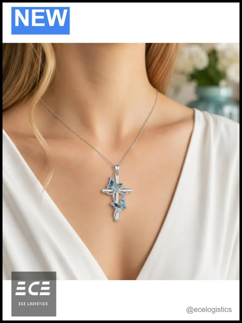 Abalone Butterfly Cross Pendant Necklace 20